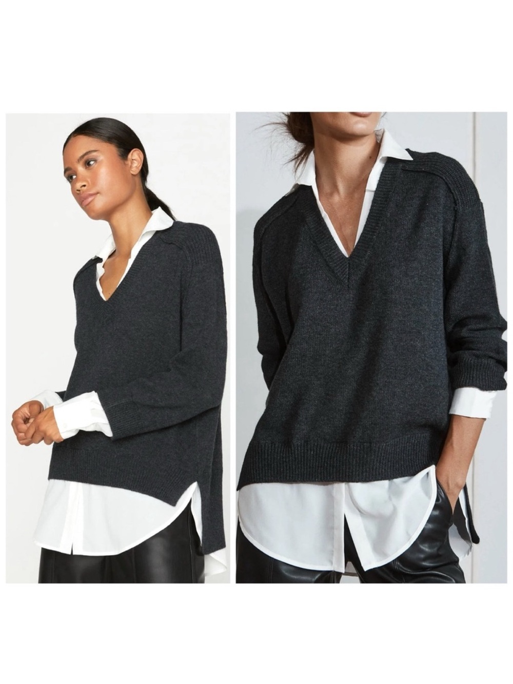 Brochu Walker The Looker Layered V-Neck Wool Cashmere Charcoal Sweater size XS F